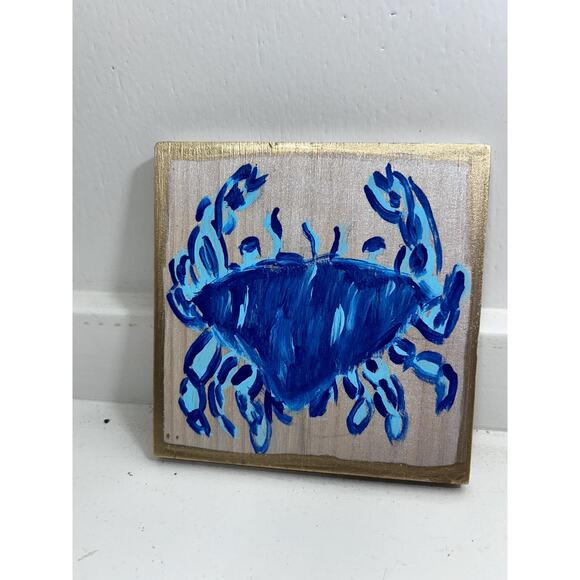 Lilly Inspired Crab Art Decor Blue Hand Painted Wall Art 5 x 5 Block Preppy - Picture 2 of 10